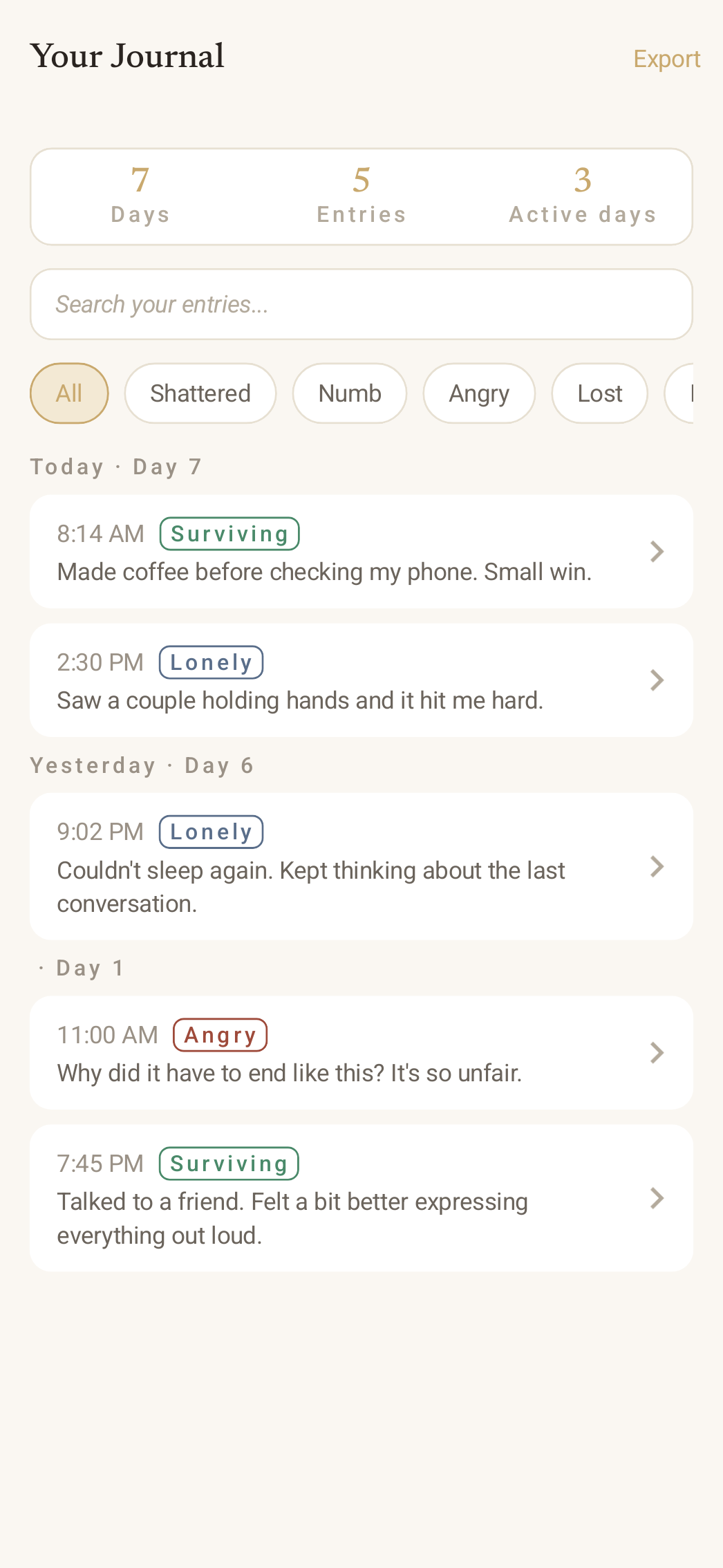 History log screen with searchable journal entries