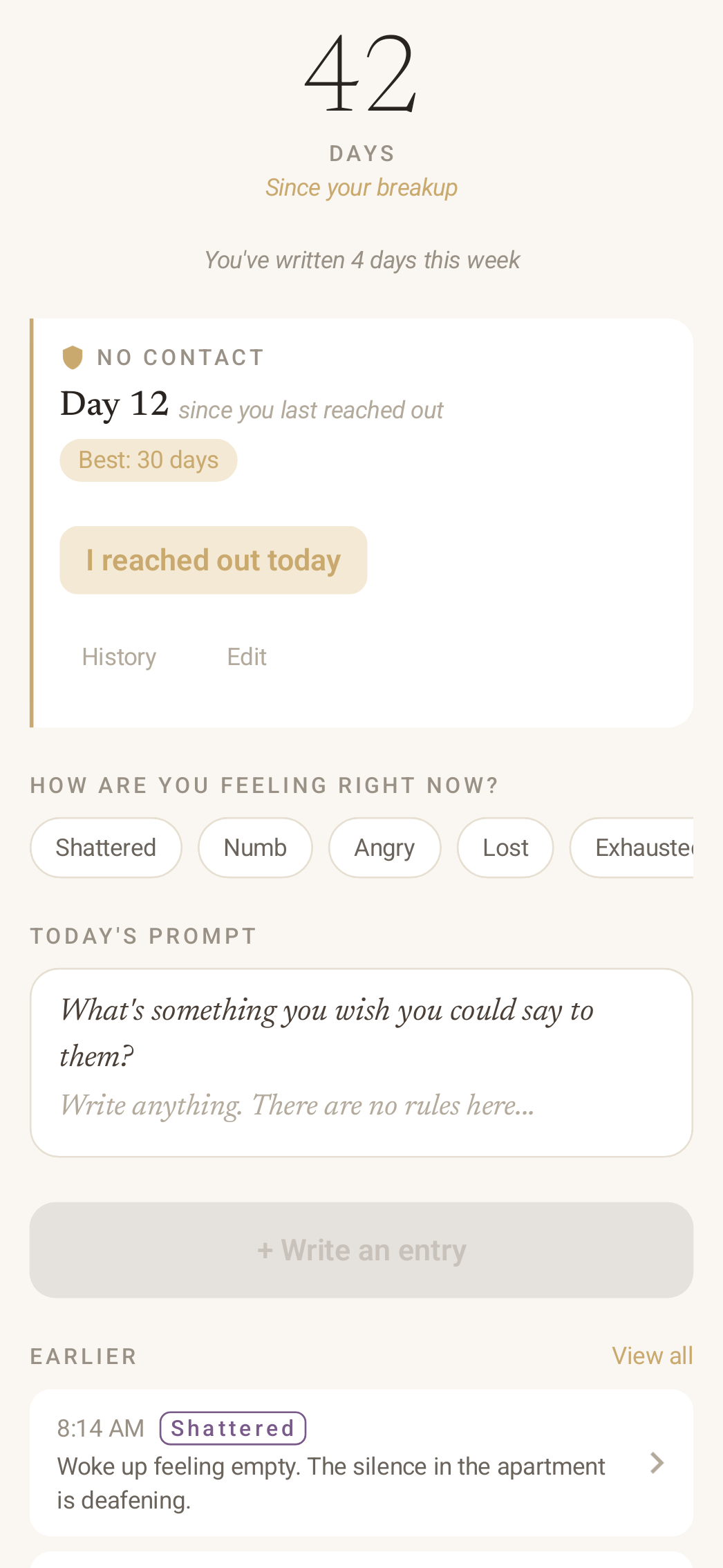 After app home screen, showing a day counter, mood check-in, and today's prompt